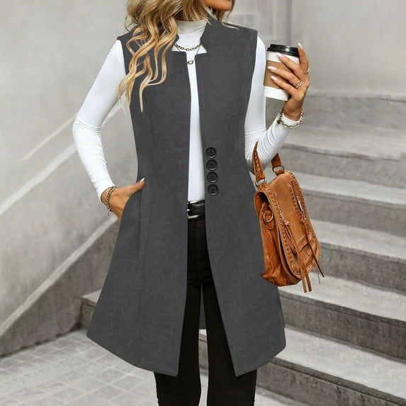 Antqov Vest Jackets for Women, Solid Color Lapel Button Front Sleeveless Coat with Pockets, Fall Business Trendy Elegant Casual Dressy Work Jacket