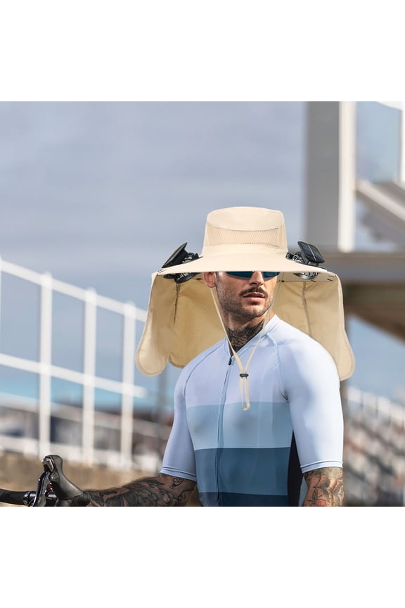 Wide Brims Solar Fan Hat, Removable USB Charging Fan Fishing Hats with 2 Solar Fans, Cooler Sun Hat with Neck Flap for Men Women Summer Camping, Fishing, Beach Supplies