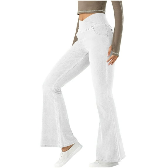 Antqov Women Jeans, Long Length Faux Denim Solid Color High Waist Stretch Flare Leggings with Pockets, Outdoor Fitness Trendy Comfortable Casual Yoga Pants