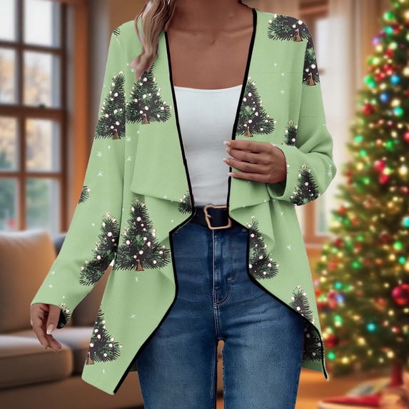 Antqov Womens Cardigan, Christmas Print Open Front Cardigans with Notched Lapel, Daily Trendy Relaxed Lightweight Comfy Casual Cardigan Jackets
