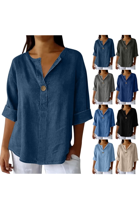 Womens Denim Shirt, Solid Color V Neck Short Sleeve Button Down Loose Fitting Tops, Daily Cozy Casual Streetwear Summer Stylish Outfits