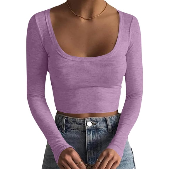 Antqov Womens Long Sleeve Tops, Solid Color Crew Neck Knit Ribbed Cropped Top, Daily Stylish Comfortable Casual Tee Soft Homewear Undershirts