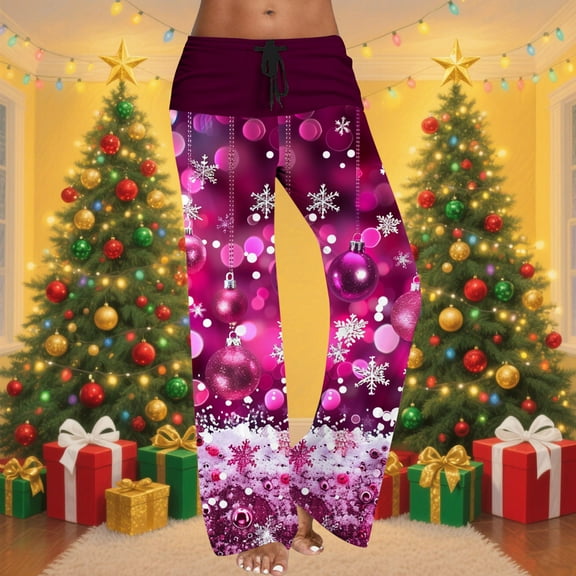 Antqov Womens Pajama Pants, Christmas Print Drawstring Colorful Straight Pants, Christmas Pajama Theme Party Foyer Pants