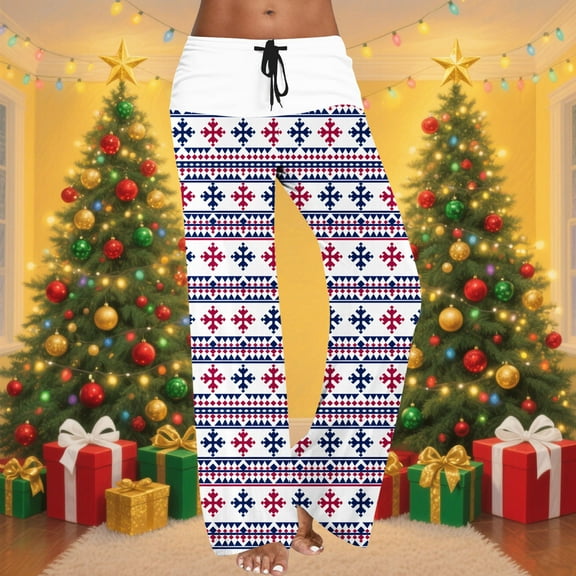 Antqov Womens Pajama Pants, Christmas Print Drawstring Fashionable Straight Pants, Home Festive Gatherings Comfortable Casual Pants