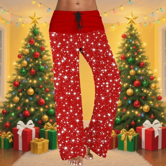 Antqov Womens Pajama Pants, Christmas Print Drawstring Fashionable Straight Pants, Home Festive Gatherings Comfortable Casual Pants