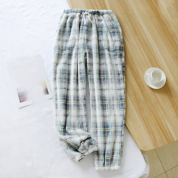 Antqov Womens Pajama Pants, Elastic Waist Plaid Fleece Check Cuffed Pants with Pockets, Home Soft Comfortable Loungewear Pants