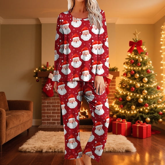 Antqov Womens Pajama Sets, Crew Neck Long Sleeve Fashionable Christmas Print Loungewear, Daily Casual Cozy Soft Top and Pants Pajama Set