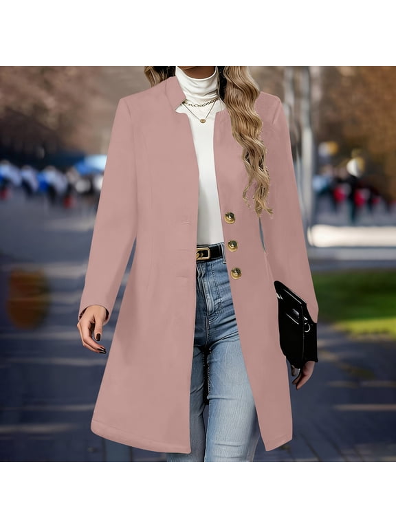Wool Coats for Women, Solid Color Long Button Slim Pea Coat, Office Work Elegant Comfortable Warm Overcoat