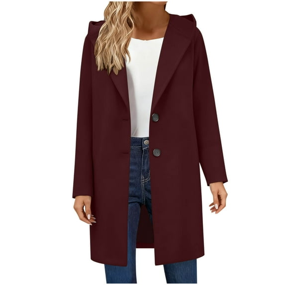 Antqov Wool Coats for Women, Solid Color Long Lapel Collar Double Breasted Hooded Pea Coats, Winter Trendy Slim Warm Trench Outwear
