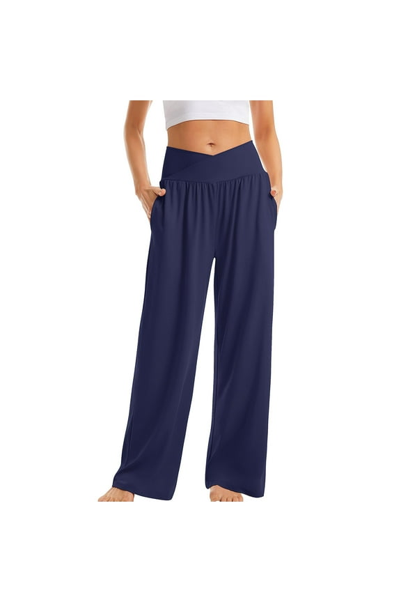 Yoga Pants Women, High Waist Solid Color Intersecting Figure Hugging Wide Leg Pants with Pockets, Multi Occasion Fitness Casual Pants