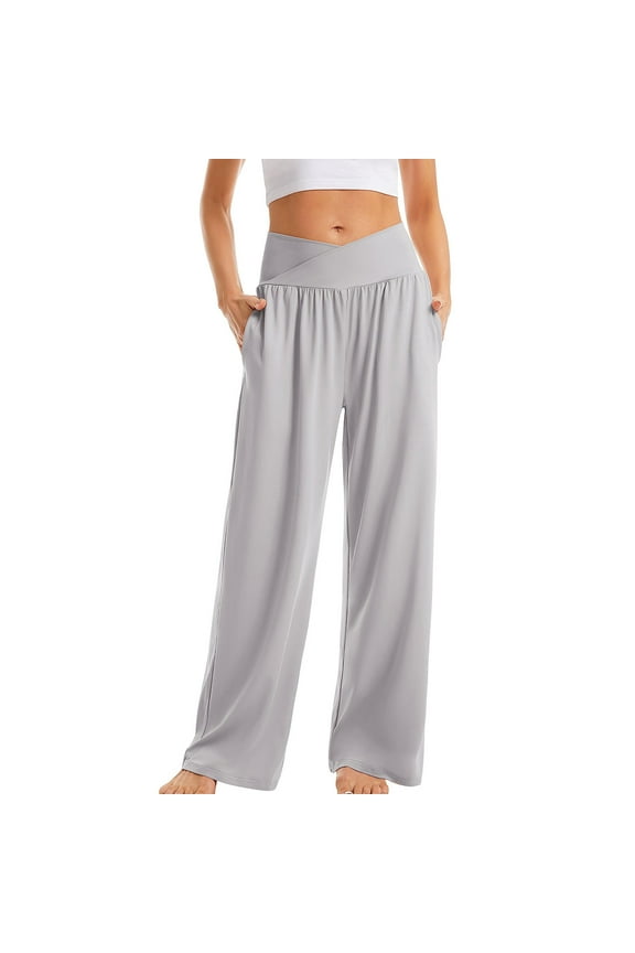 Yoga Pants Women, High Waist Solid Color Intersecting Figure Hugging Wide Leg Pants with Pockets, Multi Occasion Fitness Casual Pants