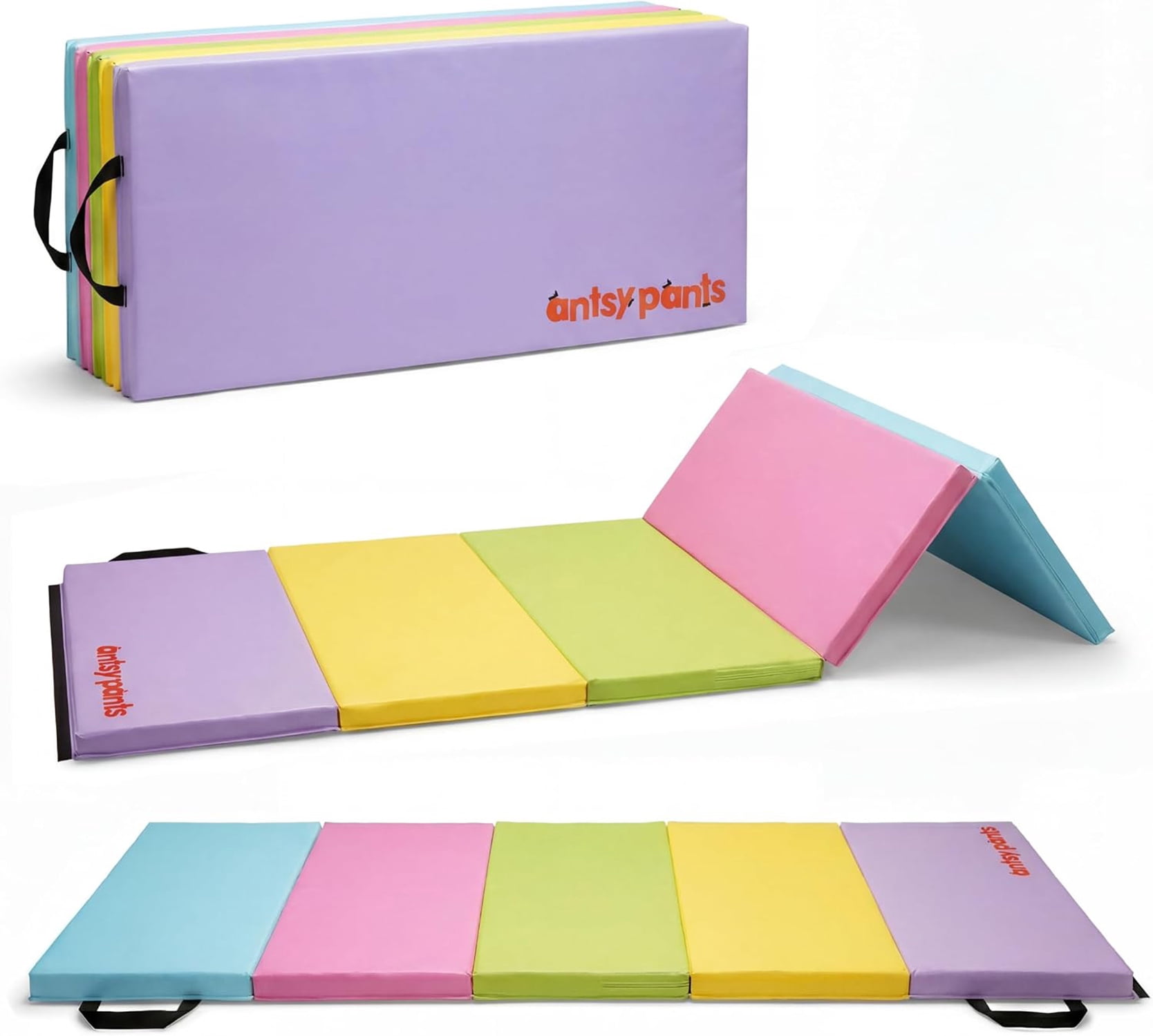 Antsy Pants Tumbling Mat – Gymnastics Mat, Easy to Clean, Sturdy, Foldable Tumbling Mat for Kids, Padded, Portable, Carrying Handle, Gymnastics Equipment for Activity Play, Pastel Colors