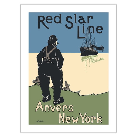 Antwerp (Anvers) Belgium To New York - Red Star Line - Vintage Ocean Liner Travel Poster by Henrick Cassiers c.1900s - Fine Art Matte Paper Print (Unframed) 24x32in