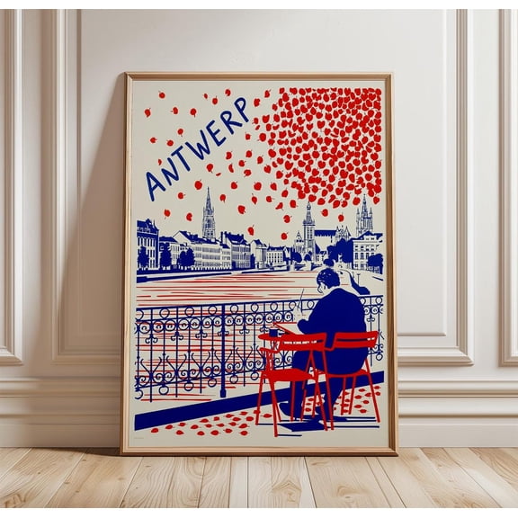 Antwerp Riverside Red Blue Graphic Art Paper City Print, Unframed Paper Print