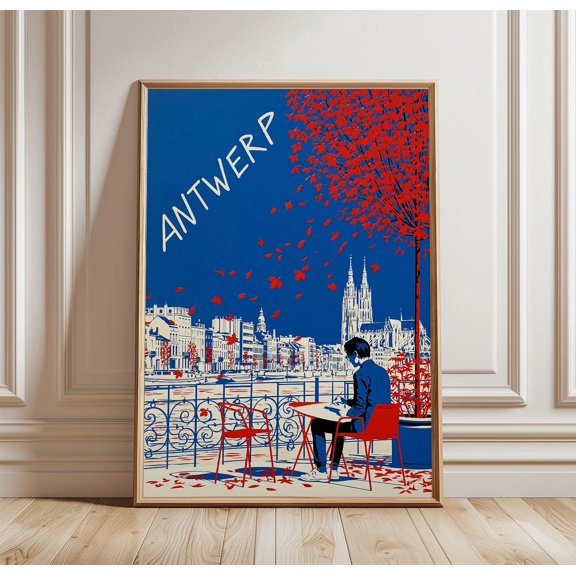 Antwerp Riverside Red Blue Graphic Art Paper City Print, Unframed Paper Print