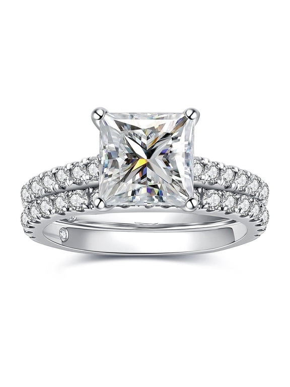 3 Carat Princess Cut Moissanite Wedding Ring Set 14K Gold Plated 925 Sterling Silver Engagement Bridal Set for Women