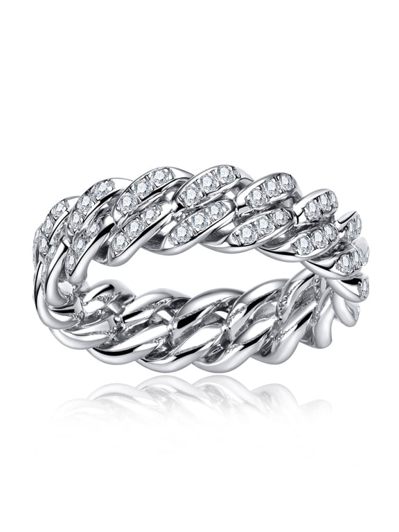 Moissanite Cuban Link Ring Wedding Band D Color VVS1 925 Sterling Silver 1.2mm Round Cut Classic Hip-Hop Eternity Anniversary Band Ring for Men Women with