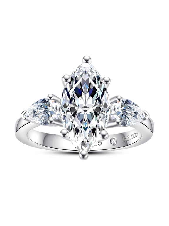 Moissanite Engagement Ring, Total 4 Carat 3 Stone Marquise Cut 14K White Gold Plated S925 Silver Anniversary Wedding Promise Ring for Women
