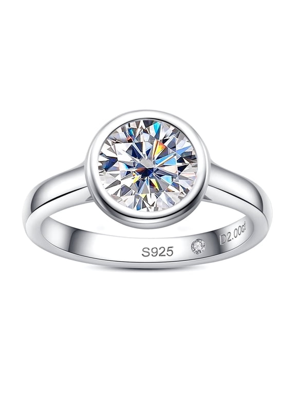 Moissanite Engagement Rings, 1/2/3 CT Bezel Setting Round Solitaire Promise Rings in 14K White Gold Plated Sterling Silver, Anniversary Rings for Women