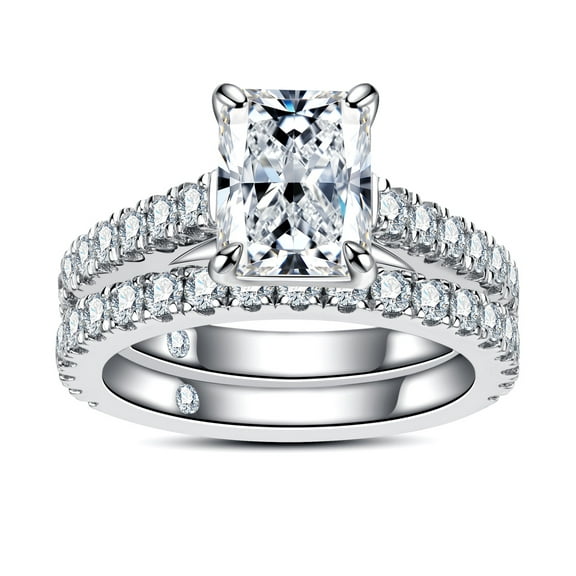 AnuClub Radiant Cut Moissanite Wedding Rings Sets 4.042cttw(3CT Center Stone) Bridal Set D Color VVS1 925 Sterling Silver Engagement Promise Anniversary Ring for Women With Certificate