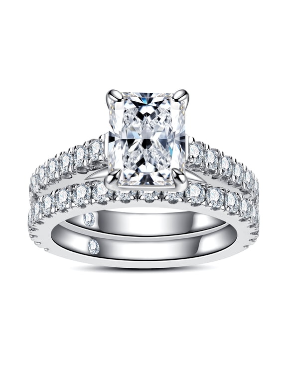 Radiant Cut Moissanite Wedding Rings Sets 4.042cttw(3CT Center Stone) Bridal Set D Color VVS1 925 Sterling Silver Engagement Promise Anniversary Ring for Women With Certificate