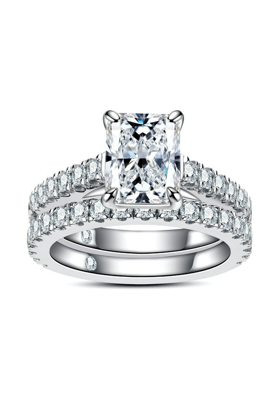 Radiant Cut Moissanite Wedding Rings Sets 4.042cttw(3CT Center Stone) Bridal Set D Color VVS1 925 Sterling Silver Engagement Promise Anniversary Ring for Women With Certificate