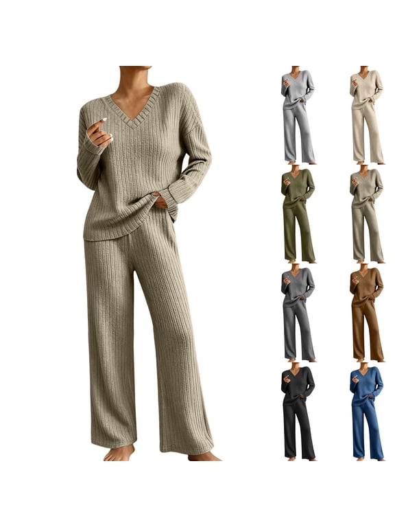 2 Piece Outfits for Women Long Sleeve Knit Sweater Top and Wide Leg Pants Ribbed Loungewear Matching Set Fall Winter