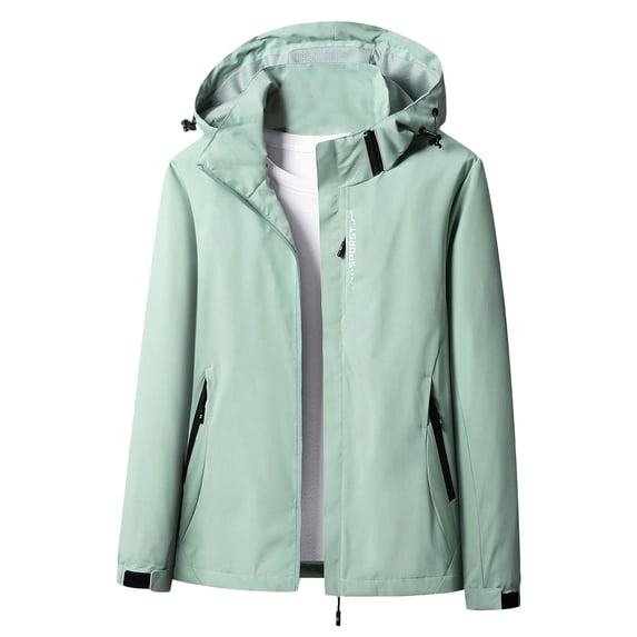 2025 Fall Clearance, Women's Lightweight Outdoor Raincoats Fashion Full Zipper Solid Windbreaker Raincoat with Hood Trendy Hiking Waterproof Windproof Loose Jackets