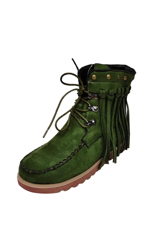 2025 Tassel Flat Ankle Boots for Womens Suede Fringed Boot Shoes Round Toe Slip On Dressy Short Booties Western Fringe Cowboy Low Heel Bootie Boots on Clearance