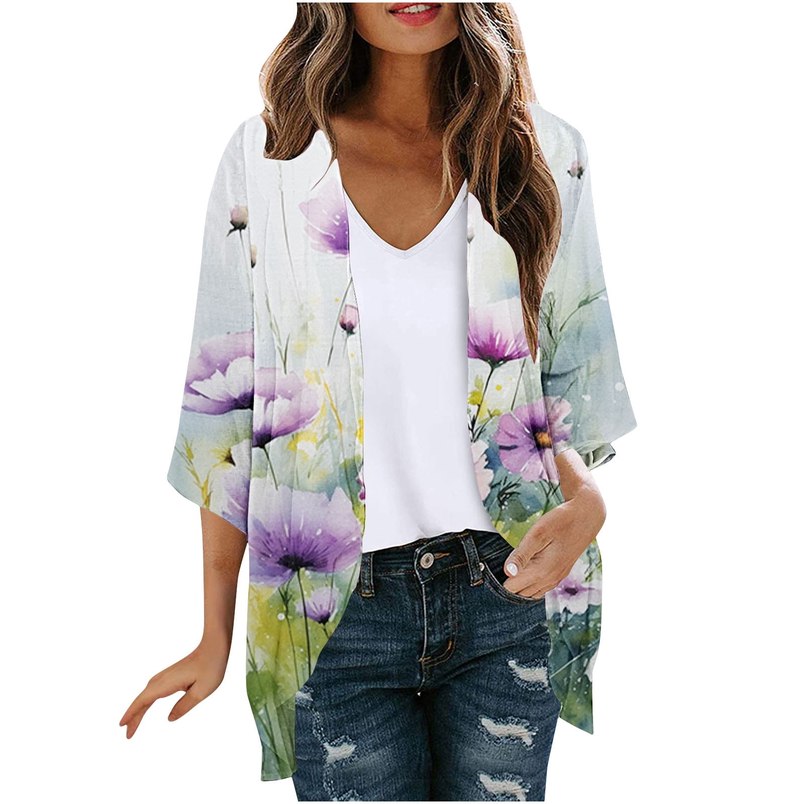 2025 Women's Three Quarter Length Cardigan Top Trendy Floral Print 3/4 Sleeve Tops Casual Beach Resort Wear Cardigans Top Blouses
