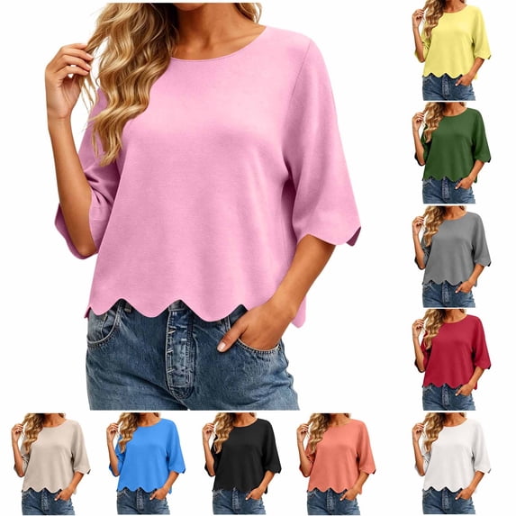AnuYalue 3/4 Length Sleeve Womens Tops with Scalloped Hem Dressy Casual Crewneck Cropped T Shirts Solid Color Blouses