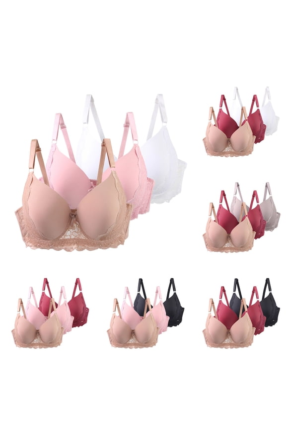 3PC Bras for Women Full Coverage Bras Lace Bralette Plus Size Soft Bra Comfy Wireless Push Up Underwear