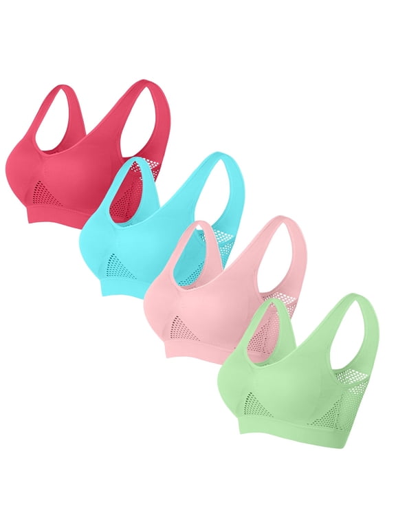 4 Pack Breathable Cool Liftup Air Bras 2024 Sports Bras for Women Seamless Comfortable Mesh Yoga Bra Wirefree Soild Color Bra, Sky Blue XL