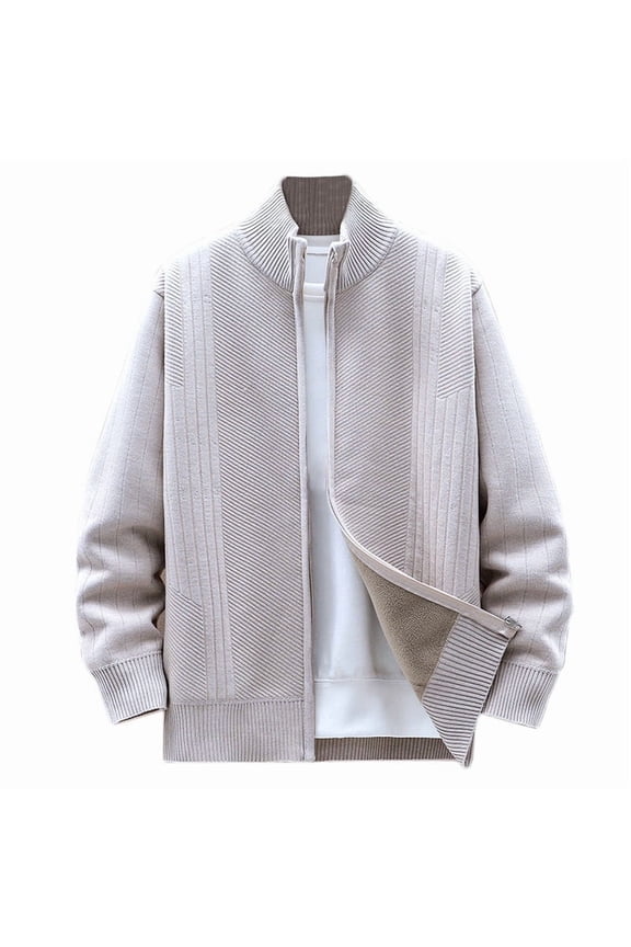 Big and Tall Cardigan Sweaters for Men Fleece Lined Full Zip Up Jacket Casual Stand Collar Knited Outwear Fall Winter Soild Color Sweater