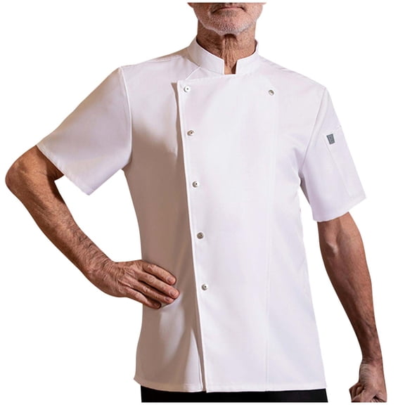AnuYalue Big and Tall Chef Shirt for Men Button Breasted Breathable Workwear Short Sleeve Cook Shirts Stand Collar Kitchen Working Uniform