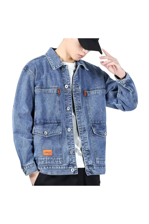 Big and Tall Denim Jacket for Men Vintage Distressed Lapel Jackets Casual Button Down Jeans Coat Soild Color Outwear with Pockets