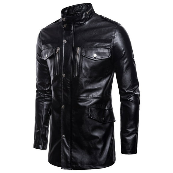 AnuYalue Big and Tall Faux Leather Jacket Mens Fashion Stand Collar Motorcycle Jackets Mid Length Outerwear with Pockets