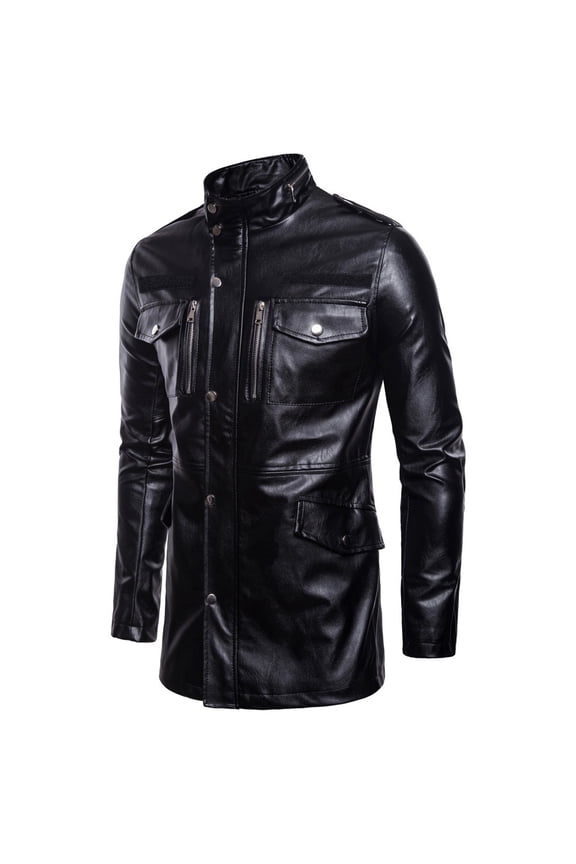 Big and Tall Faux Leather Jacket Mens Fashion Stand Collar Motorcycle Jackets Mid Length Outerwear with Pockets