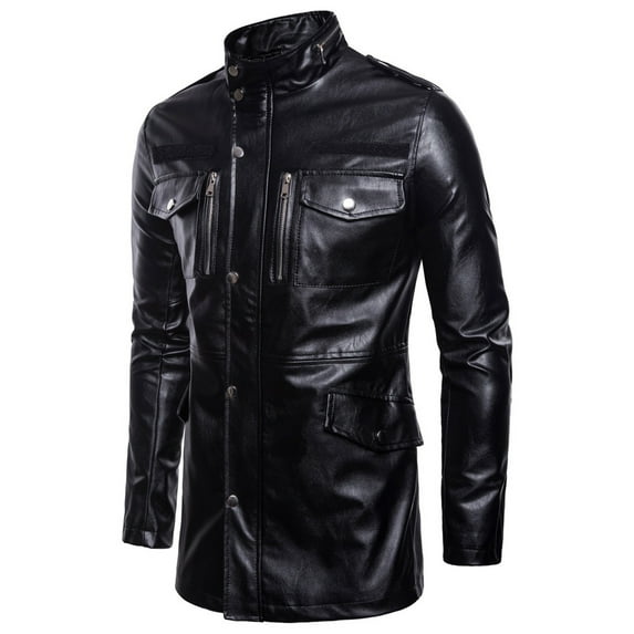 AnuYalue Big and Tall Faux Leather Jacket Mens Fashion Stand Collar Motorcycle Jackets Mid Length Outerwear with Pockets