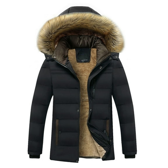 AnuYalue Big and Tall Puffer Jacket Mens Faux Fur Hood Plush Windproof Coat Zip up Long Sleeve Down Jacket Winter Warm Padded Coat
