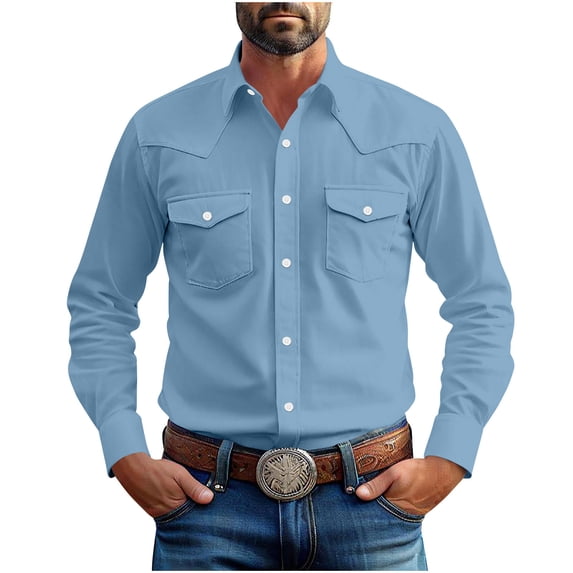 AnuYalue Big and Tall Shirts for Men Vintage Western Cowboy Shirt Lightweight Button Down T-Shirt with Pockets Classic Fit Long Sleeve Tops