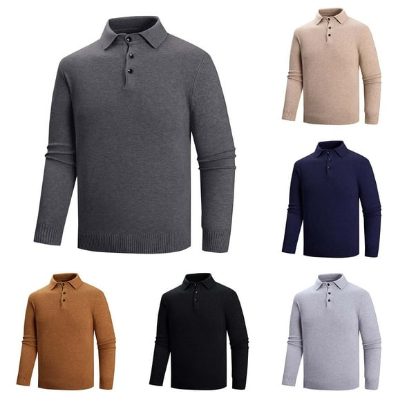 AnuYalue Big and Tall Sweater for Men Casual Lapel T-Shirt Soild Color Knitting Cotton Sweaters Button Down Long Sleeve Shirts