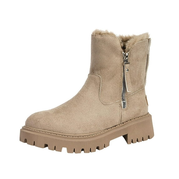 AnuYalue 2025 Mid-Calf Boots for Women Zipper Up Winter Plush Boots Comfortable Slip On Mid Chunky Heel Suede Warm Snow Ankle Boots Outdoor Shoes