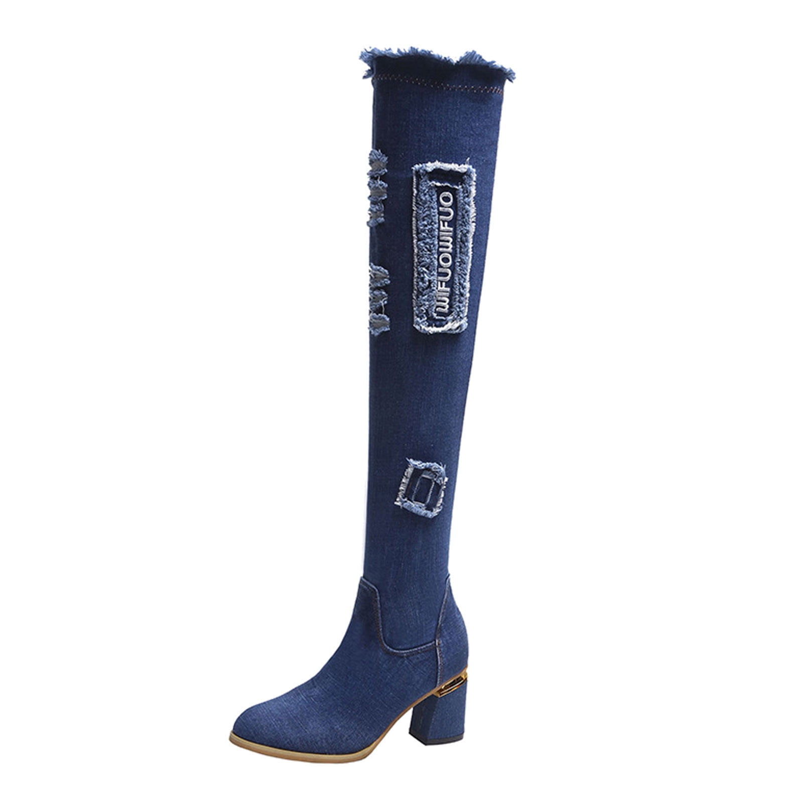 Denim Thigh Blue Thigh High Flat Boots AnuYalue Boots On Clearance