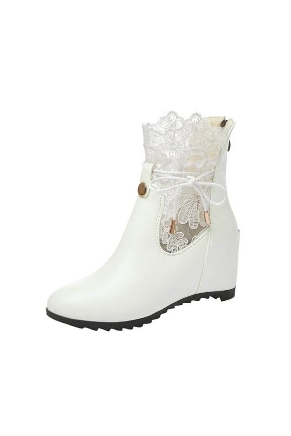 2025 Women's Wedge Ankle Boots Fashion Lace V Cutout Chunky Stacked Mid Heel Booties Pump Goth Short Boots For Women Bride Wedding Halloween Cosplay Party