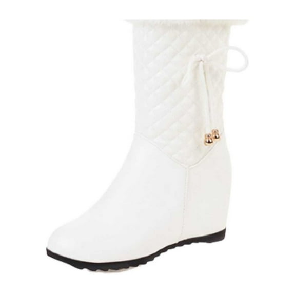 AnuYalue Boots on Clearance 2025 Women's Winter Boots Warm Fur Mid Calf Snow Boots Fashion Wedge High Heels Flatform Tassel Dress Shoes for Ladies