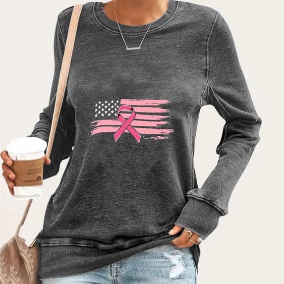AnuYalue Breast Cancer Survivor Long Sleeve Shirts for Women Pink Ribbon USA Flag Tops in October Inspirational Clothes