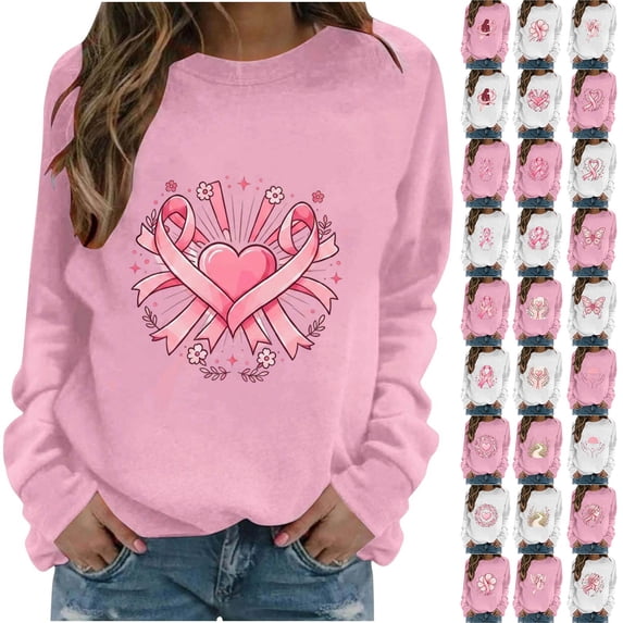 AnuYalue Breast Cancer Sweatshirt for Women Long Sleeve Pink Ribbon Pullover Causal Cancer Awareness Gift Tops