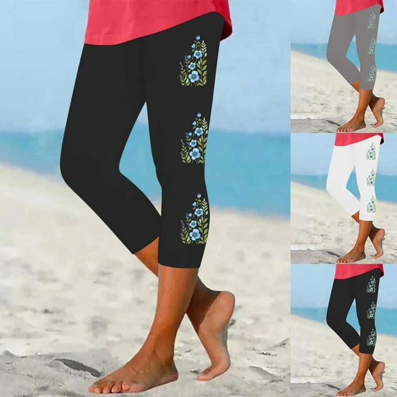 AnuYalue Capri Leggings for Women Tummy Control High Waisted Yoga Pants Summer Boho Beach Capris Gym Workout Athletic Running Leggings