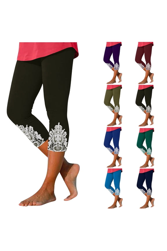 Capri Leggings for Women with Lace Summer Dressy Cropped Pants Tummy Control High Waisted Capris Stretchy Gym Workout Yoga Tights